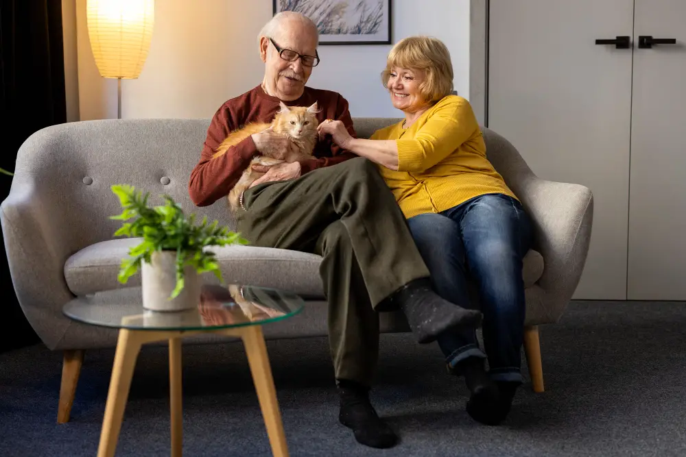 seniors petting red cat